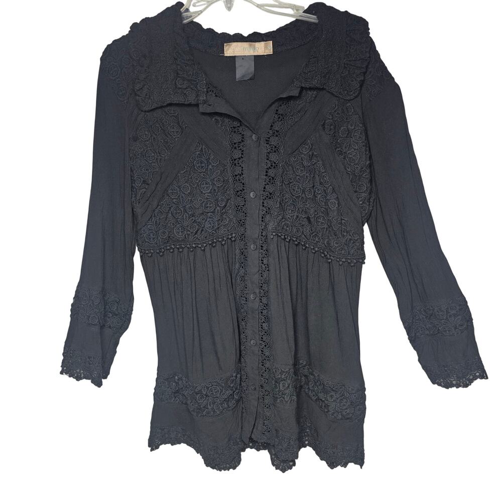 Urban Mango Whimsigoth, Black Lace, Witchy, Embroidered Blouse Button-Down Sz M